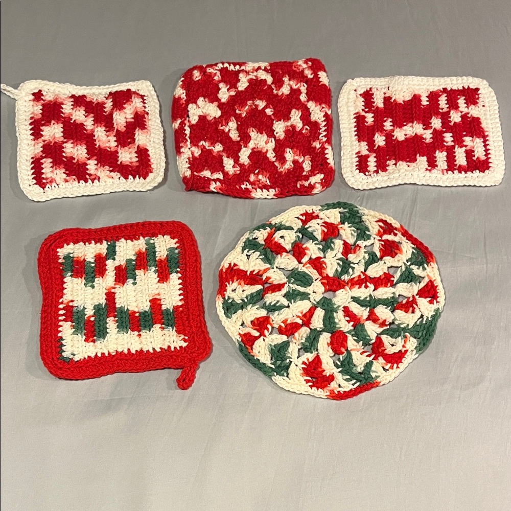Handmade Red and White and Green Crochet Pot Holders Set of 5 Five Knit Kitchen